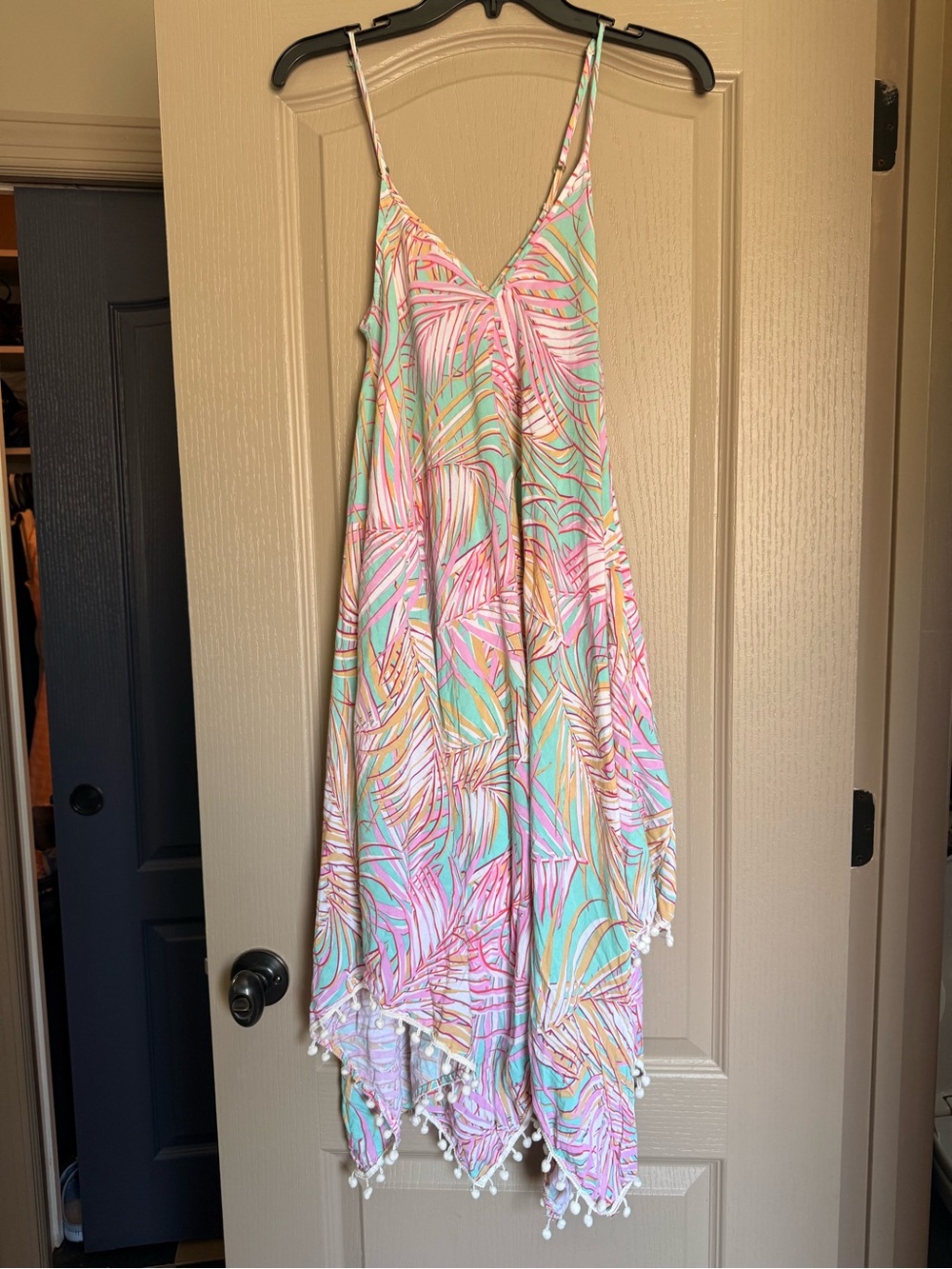 Women’s Pastel Palm Print One-Piece Dress with Pom Trim